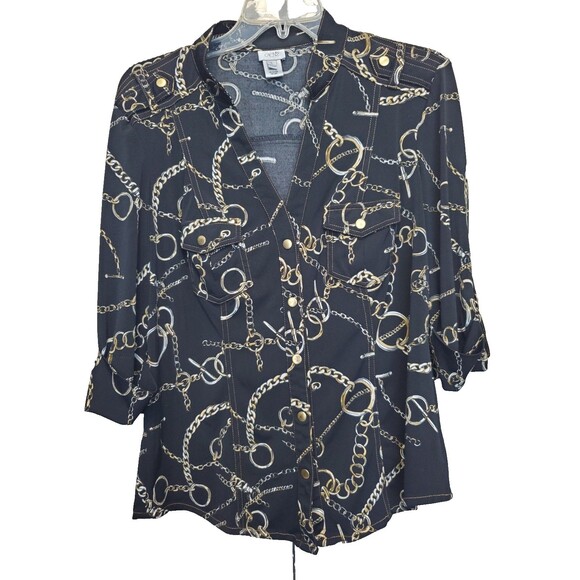 Cache Chain Print Epaulet Roll-Tab Sleeve Snap-Up Blouse Size Large 90s Y2K - Picture 1 of 10